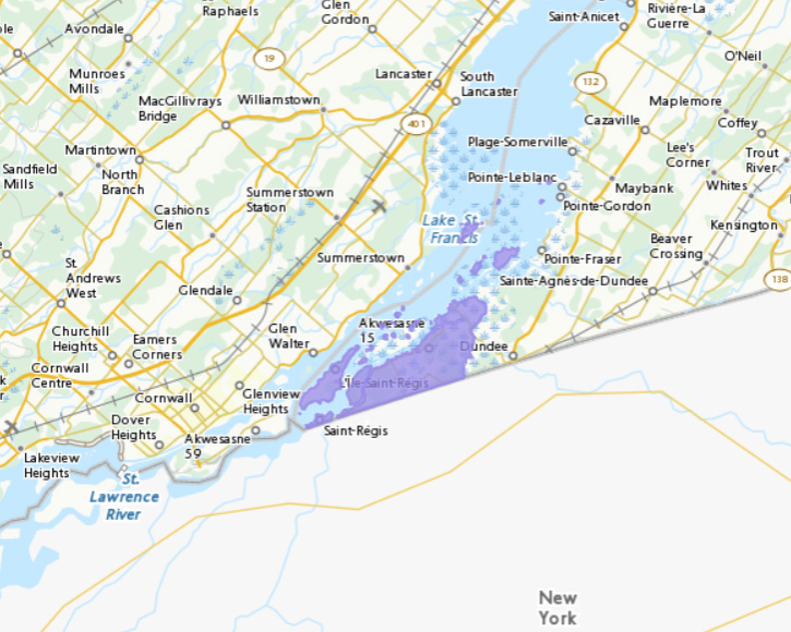 Map location of Akwesasne: Le Haut-Saint-Laurent, Quebec.
