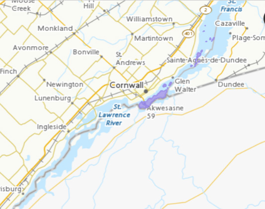 Map location of Akwesasne: Dundas and Glengarry.