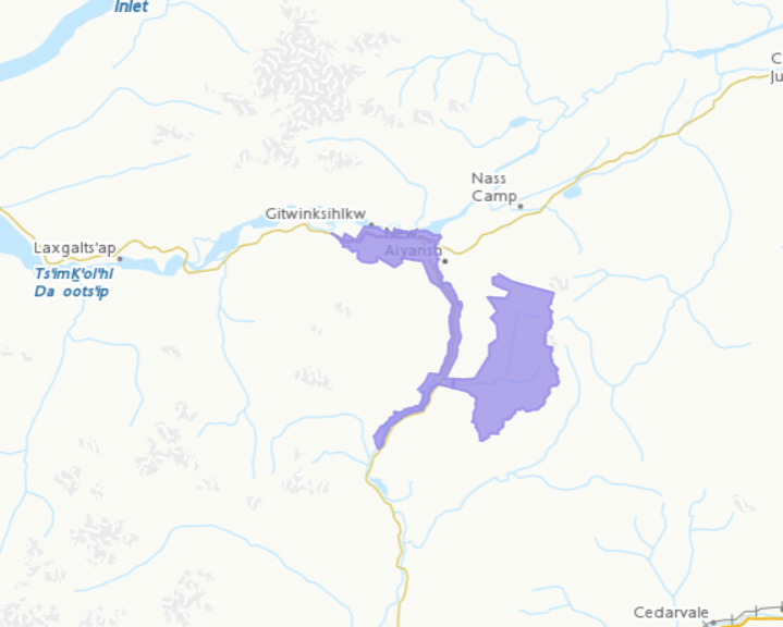 Map location of Anhluut'ukwsim Laxmihl Angwinga'asanskwhl Nisga'a, BC   