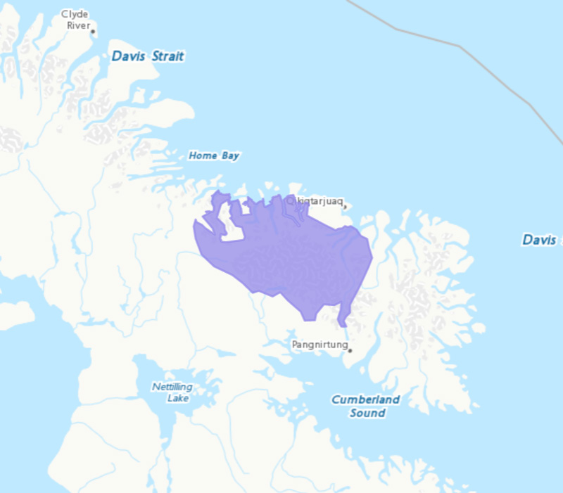 Map location of Auyuittuq National Park, NU