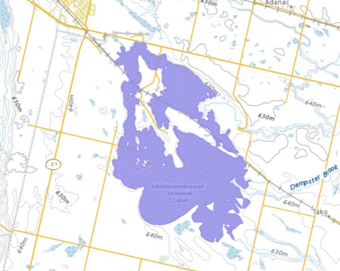Map location of kikiskitotawânawak-iskwêwak Lakes, SK  