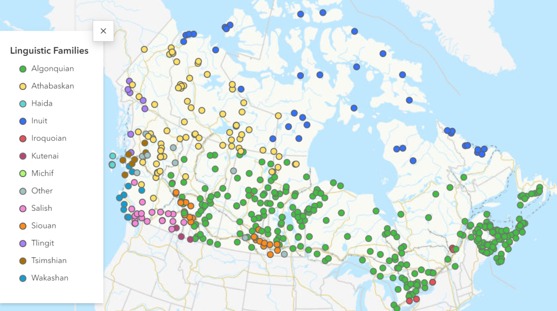 A map excerpt of Canada showcasing geographical names with origins in Indigenous languages.