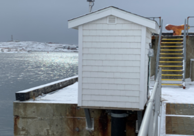 A dock with a building on the side and a body of water