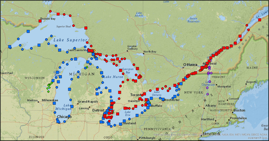 Map of the Great Lakes with red and blue markings showing locations of stations being occupied by Canadian and American geodetic surveyors