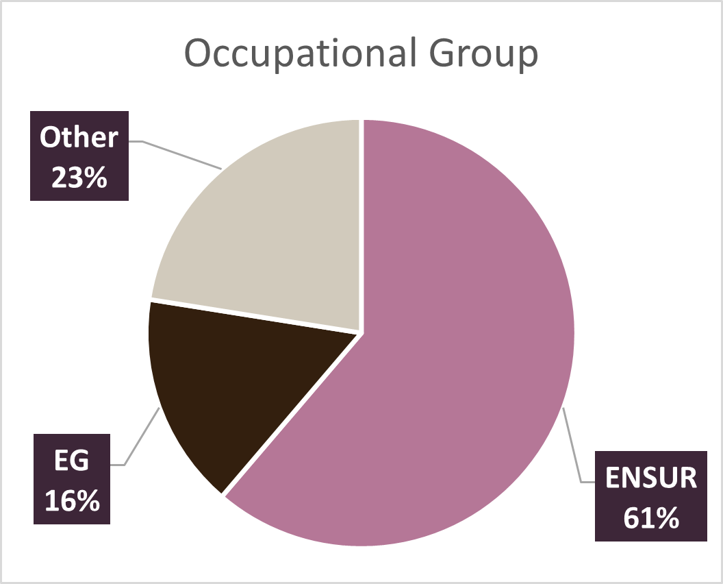 Occupational Group pie chart: ENSUR 61%, Other 23%, and EG 16%.