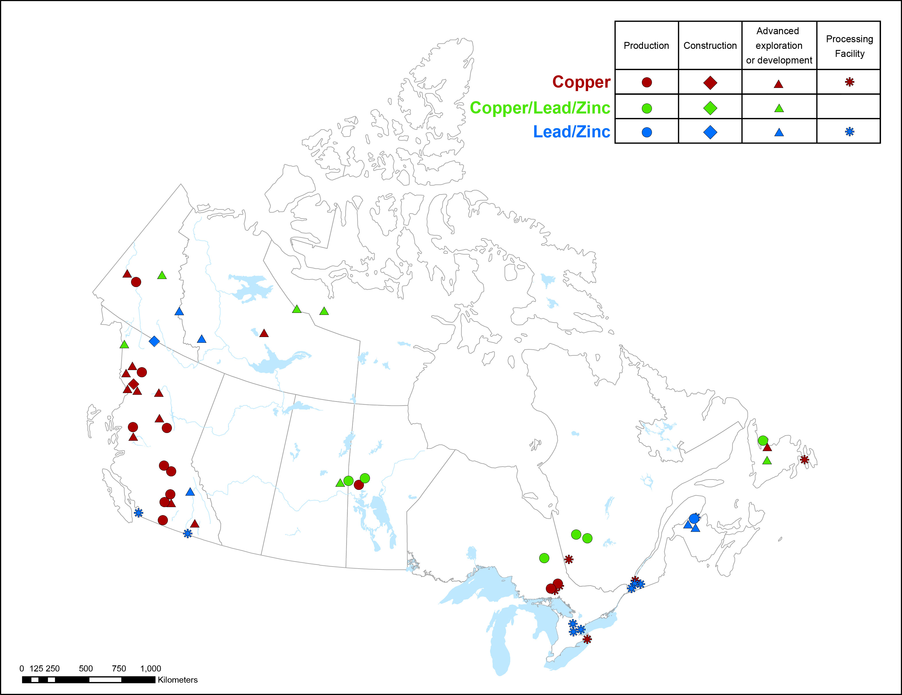 Figure 1 is a map of Canada displaying the geographic location of metal mines, smelters, and refineries 