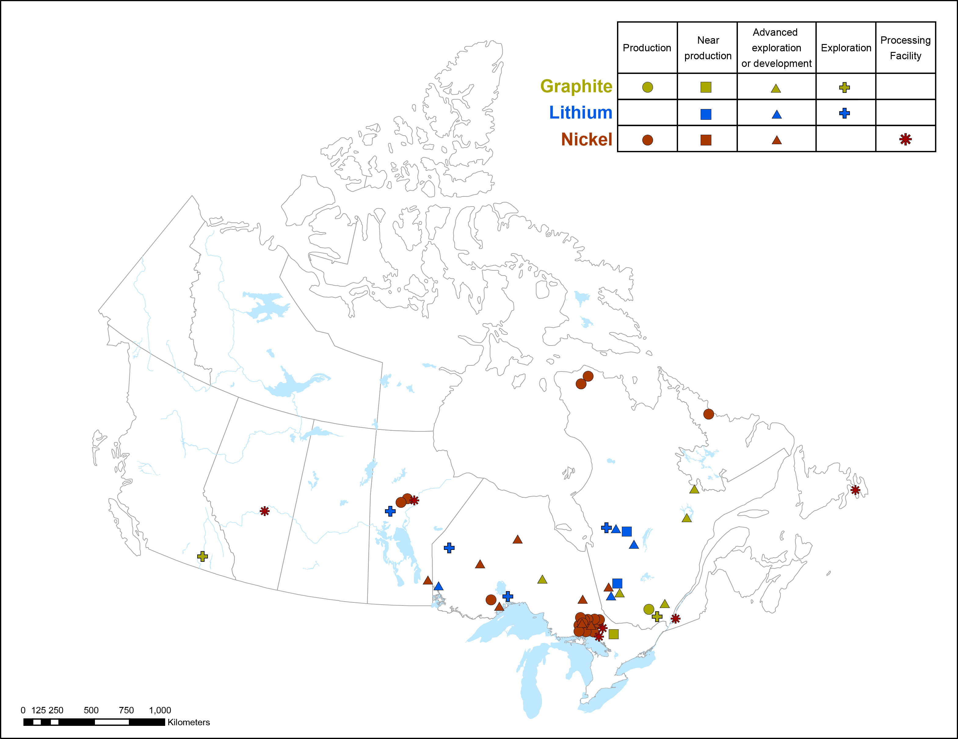 Figure 2 is a map of Canada displaying the geographic location of metal mines, smelters, and refineries 