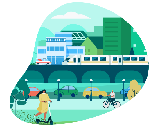 This image depicts public infrastructure by showing a landscape with people in a park, a road, a bridge, a train, a hospital and other buildings.