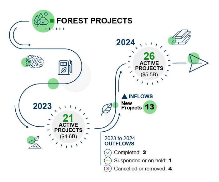 Changes to the inventory of forest projects between 2022 and 2023