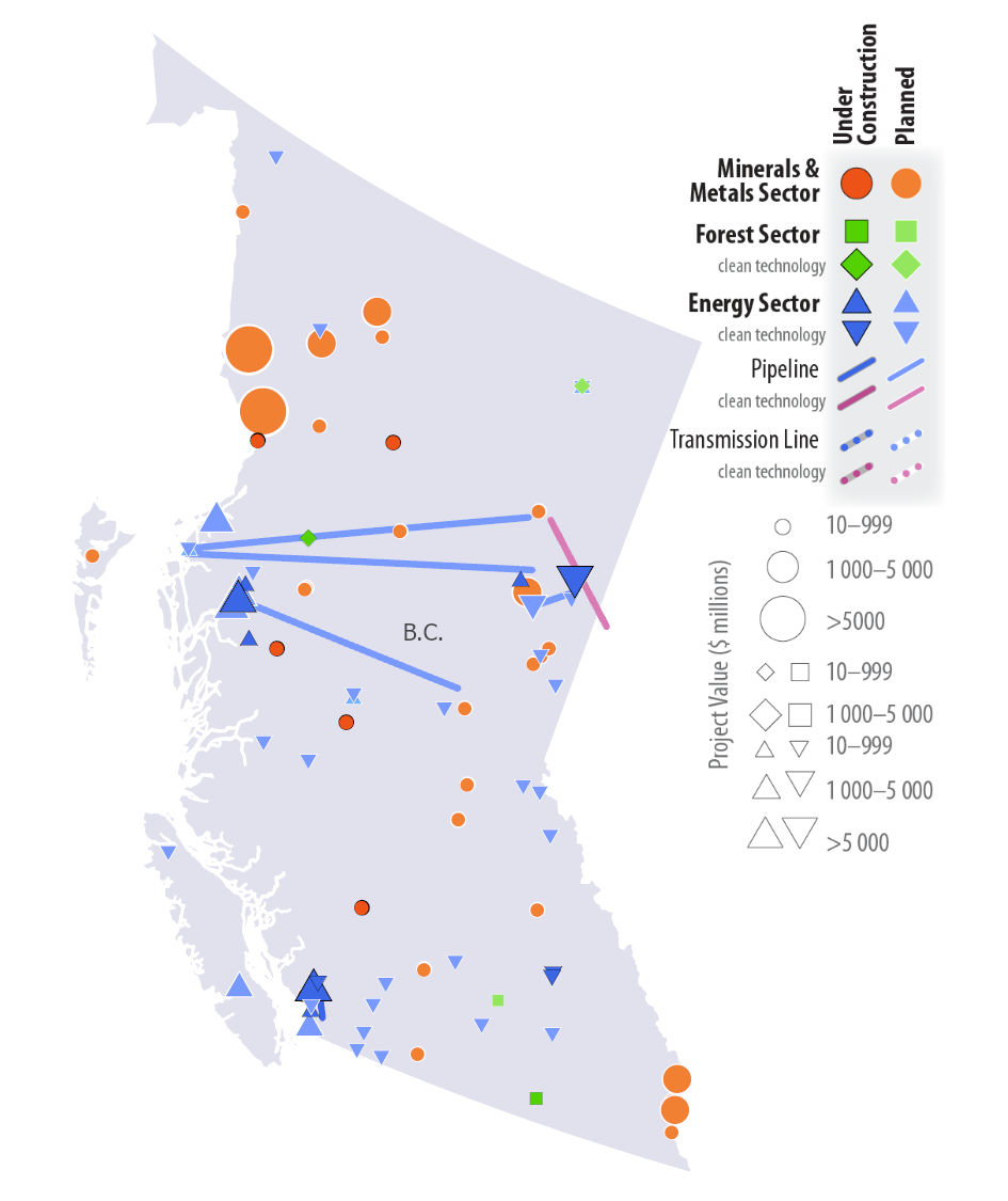 Map of British Columbia showing project locations and value. Projects under construction and/or planned are highlighted in the minerals and metals sector, forest sector, and energy sector, including pipeline and clean technology projects.