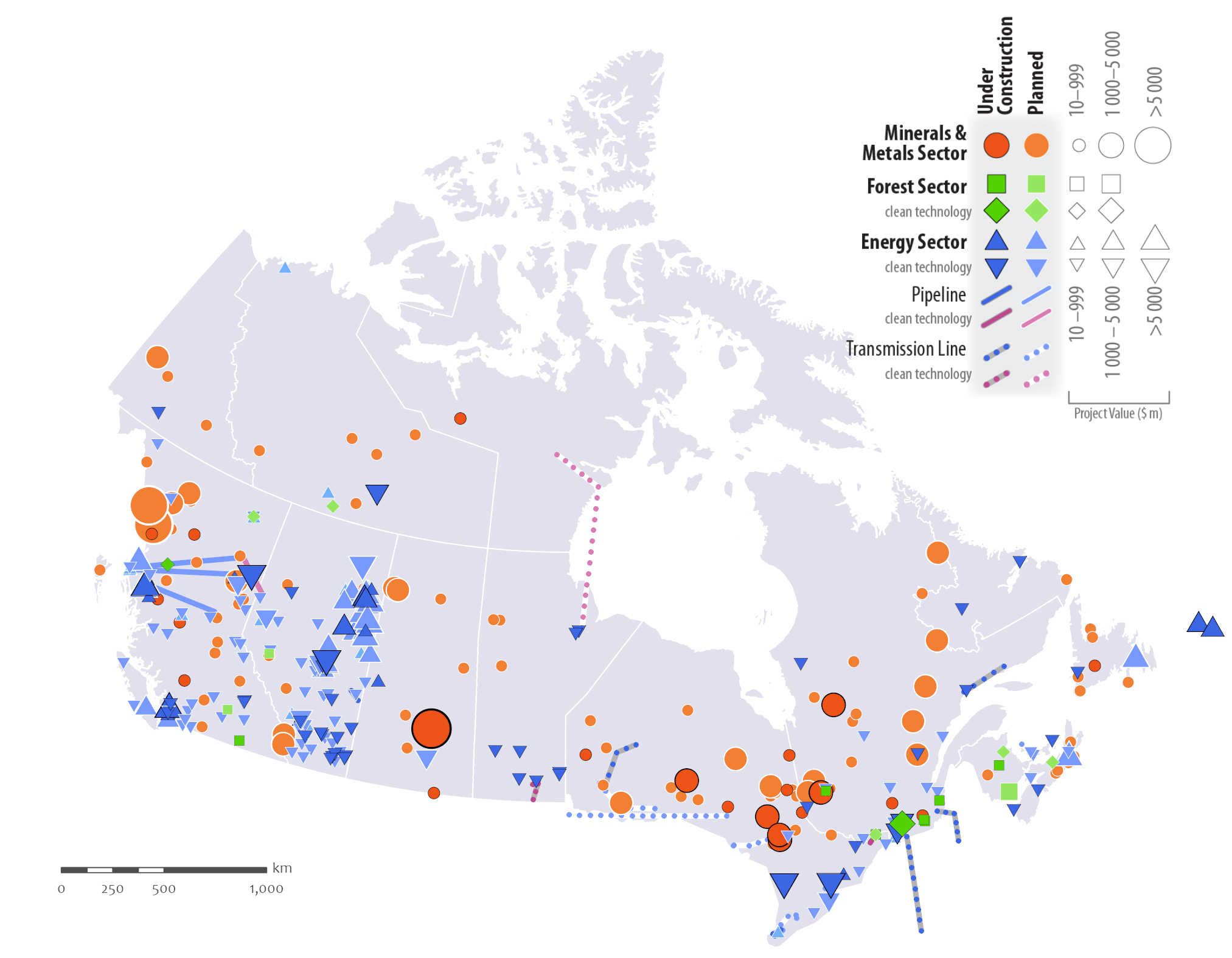 Map of Canada showing project locations and value. Projects under construction and/or planned are highlighted in the minerals and metals sector, forest sector, and energy sector, including pipeline, transmission line, and clean technology projects.