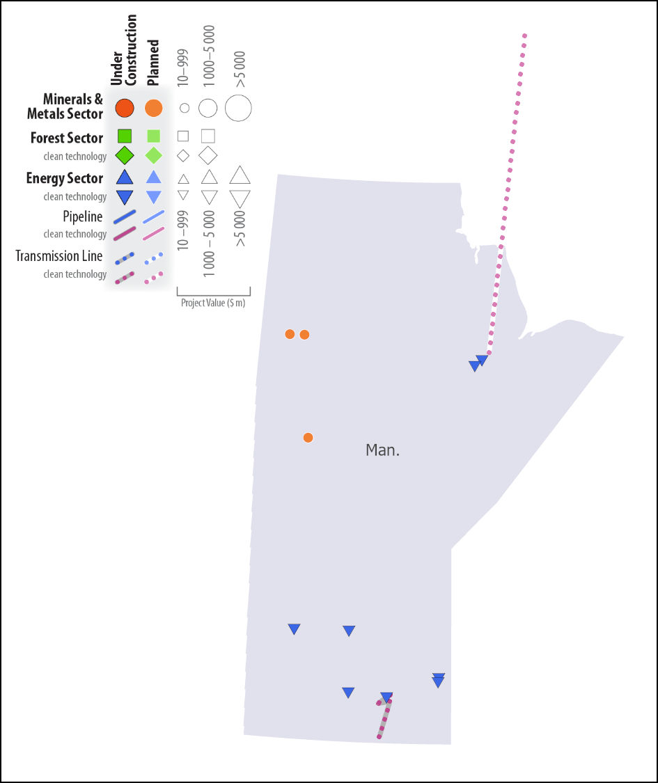 Map of Manitoba showing project locations and value. Projects under construction and/or planned are highlighted in the minerals and metals sector and the energy sector, including transmission line and clean technology projects.