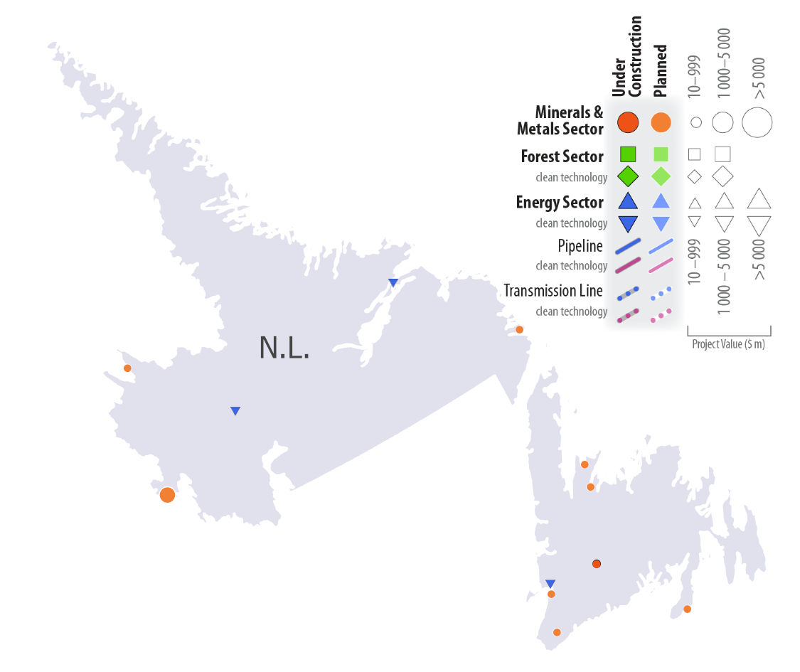 Map of Newfoundland and Labrador showing project locations and value. Projects under construction and/or planned are highlighted in the minerals and metals sector and the energy sector, including clean technology projects.