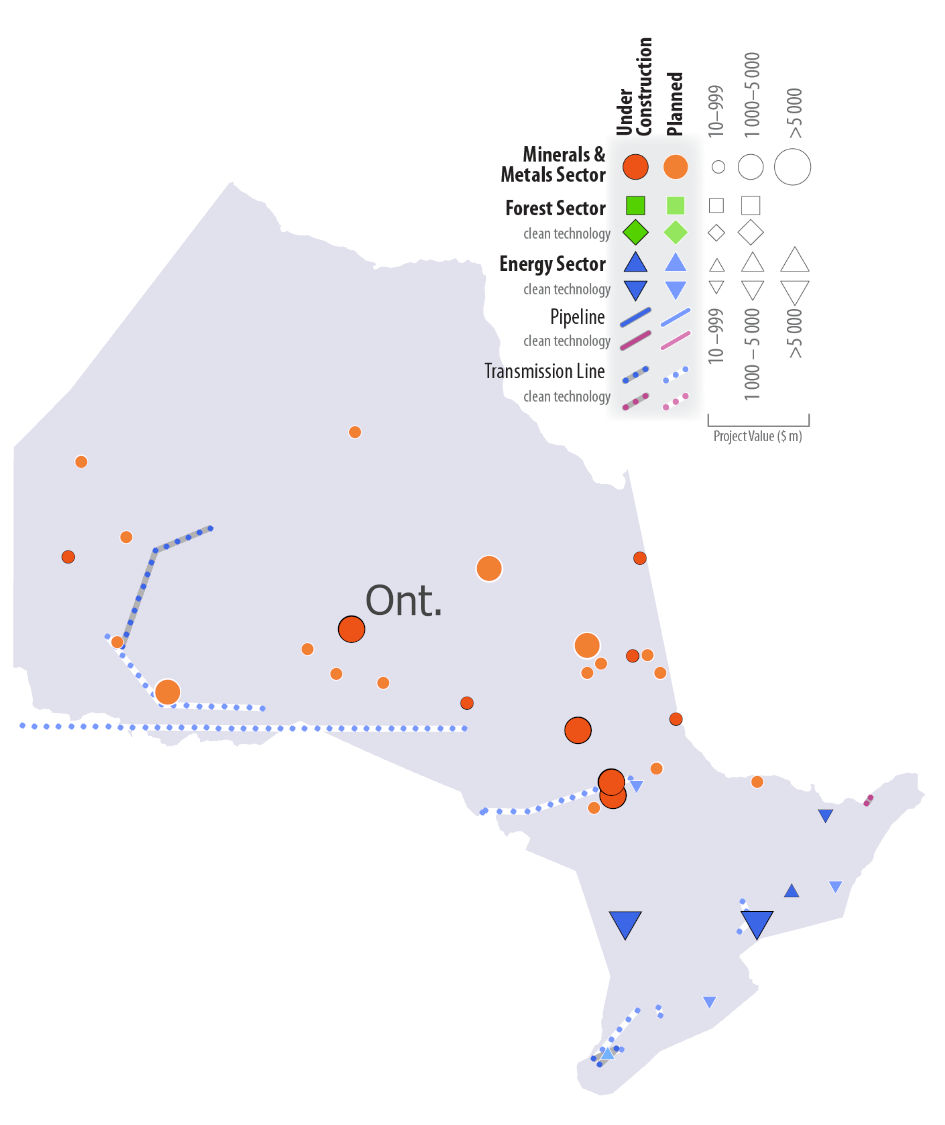 Map of Ontario showing project locations and value. Projects under construction and/or planned are highlighted in the minerals and metals sector and the energy sector, including transmission line and clean technology projects.