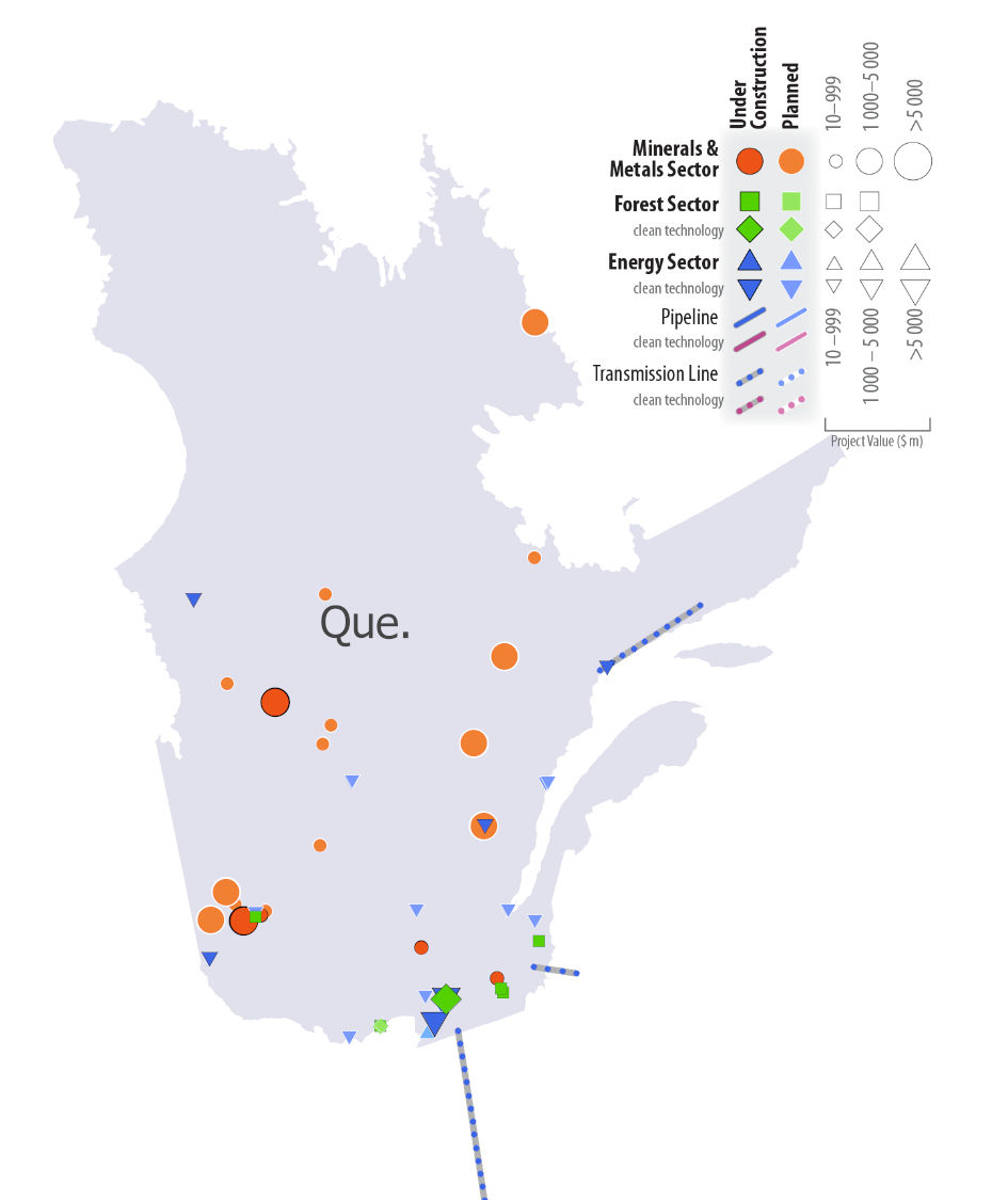 Map of Quebec showing project locations and value. Projects under construction and/or planned are highlighted in the minerals and metals sector, the forest sector, and the energy sector, including transmission line and clean technology projects.