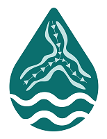 Icon of a water droplet, intertwined by lines representing rivers.