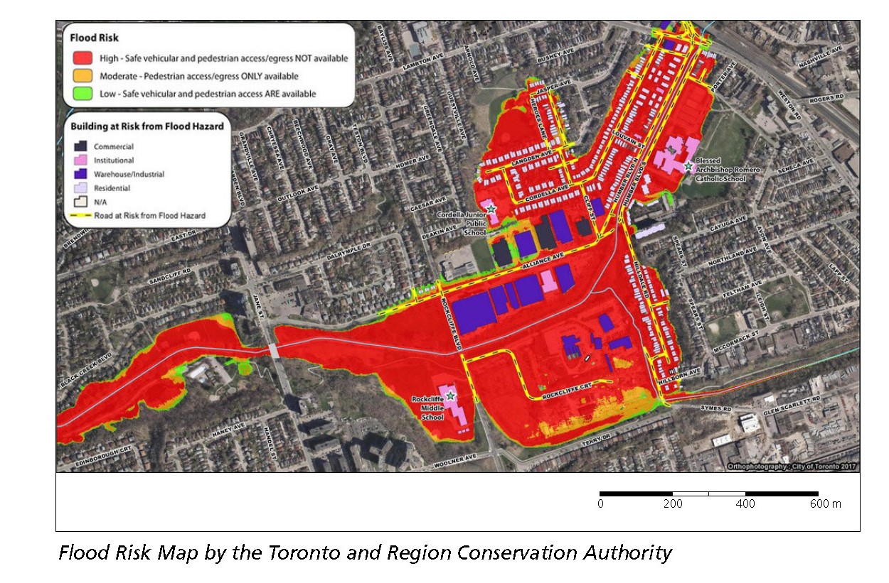 Flood Risk Map example by the Toronto and Region Conservation Authority using red to indicate areas of high risk, yellow areas are medium risk, and green areas are low risk to the community in Toronto, should a flood occur.