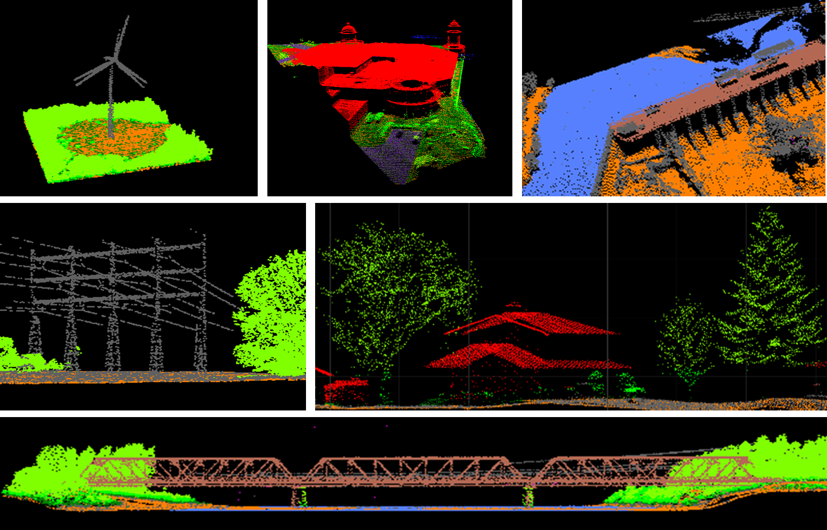 Various LiDAR point clouds showing buildings, energy infrastructure, a bridge and vegetation.