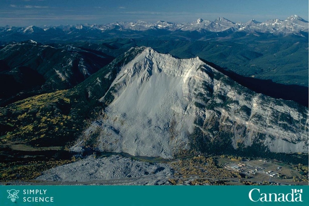 Aerial view of Turtle Mountain showing the aftermath of a landslide at the mining town of Frank, Alberta, 1903