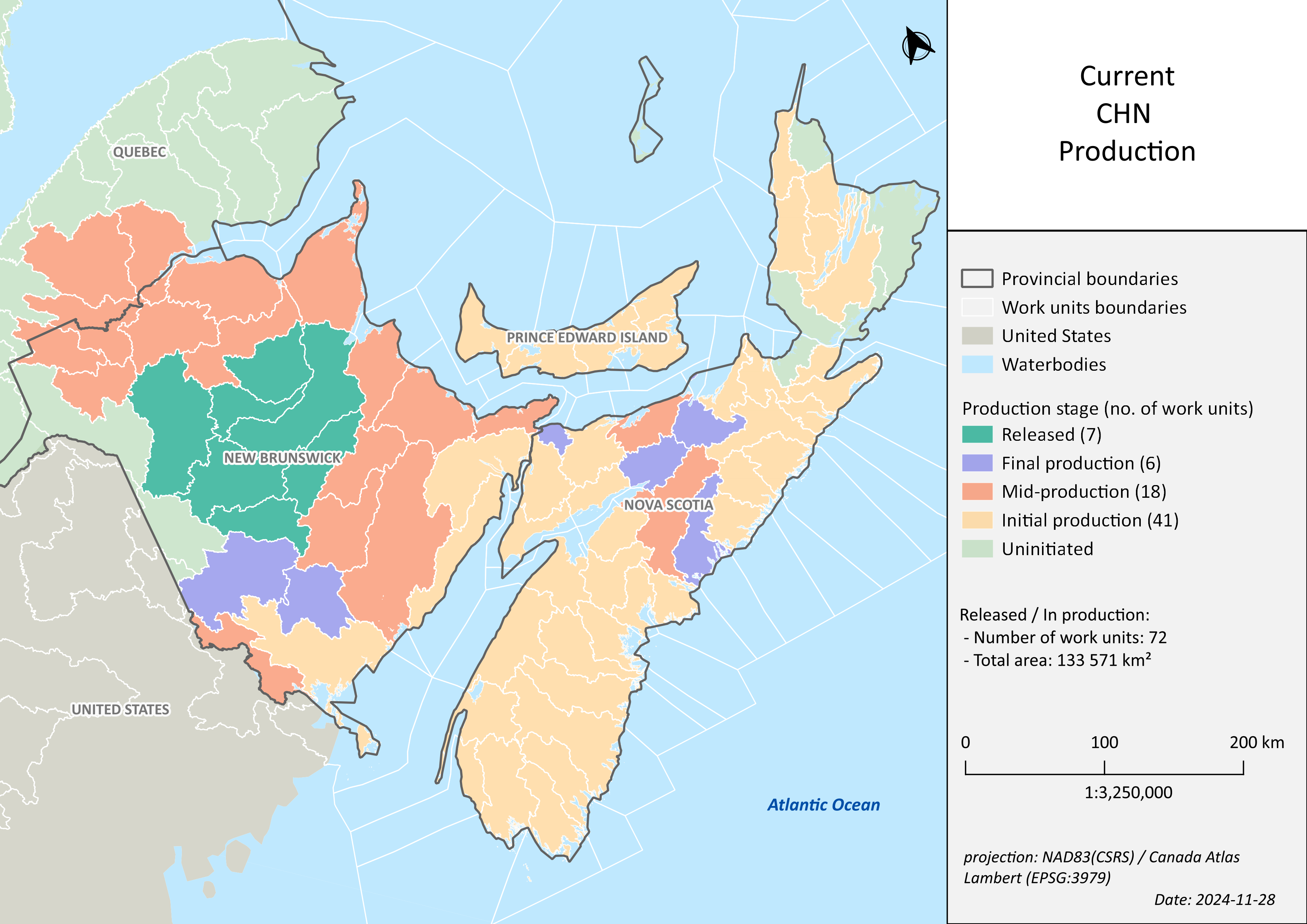 A map showing the locations of the first 5 work units of the Canadian Hydrospatial Network (description follows)