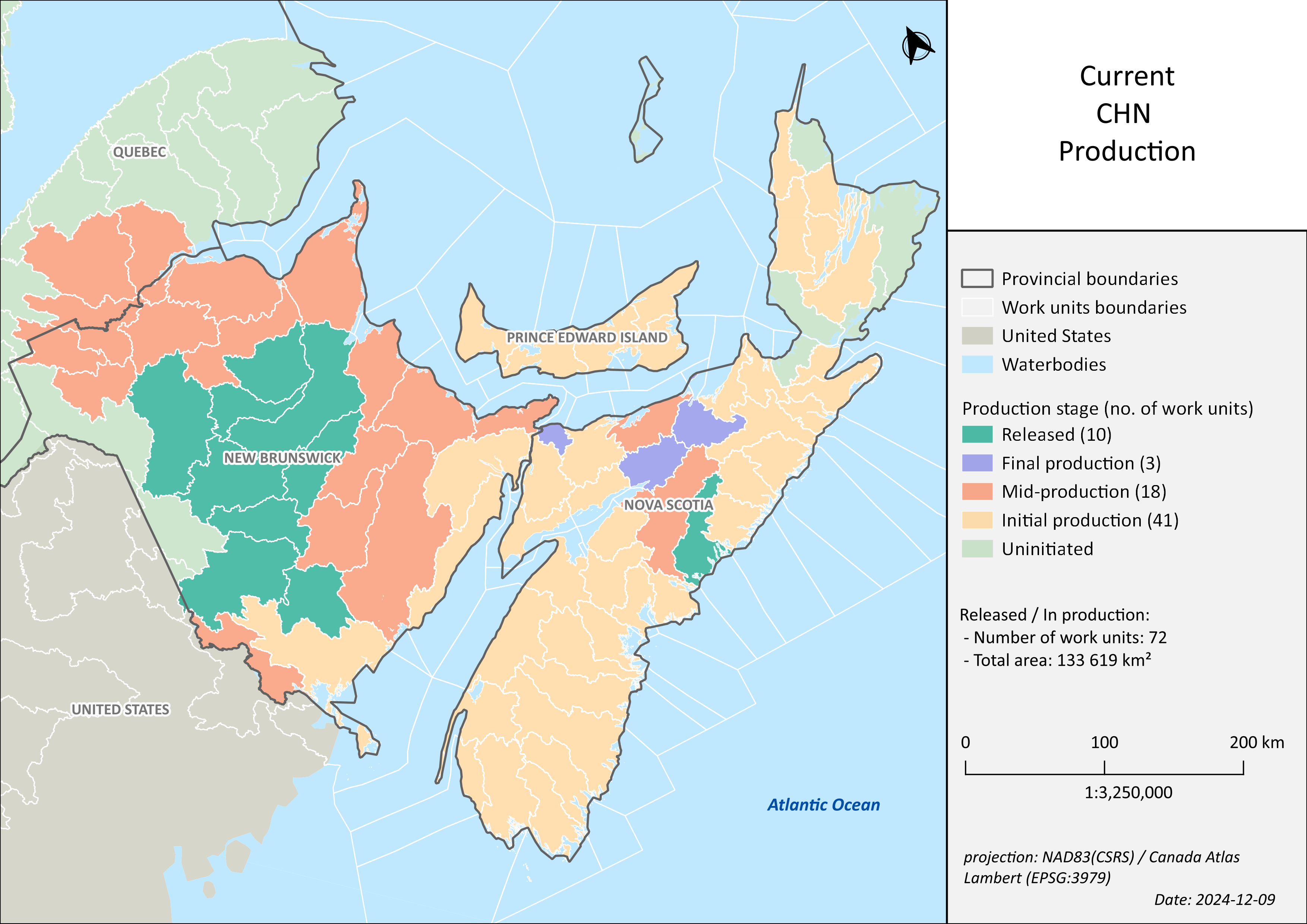 A map showing the locations of the first 10 work units of the Canadian Hydrospatial Network (description follows)