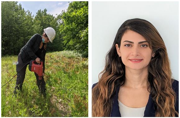Two photos:  (left) Shiva working in the field, (right) a professional portrait.