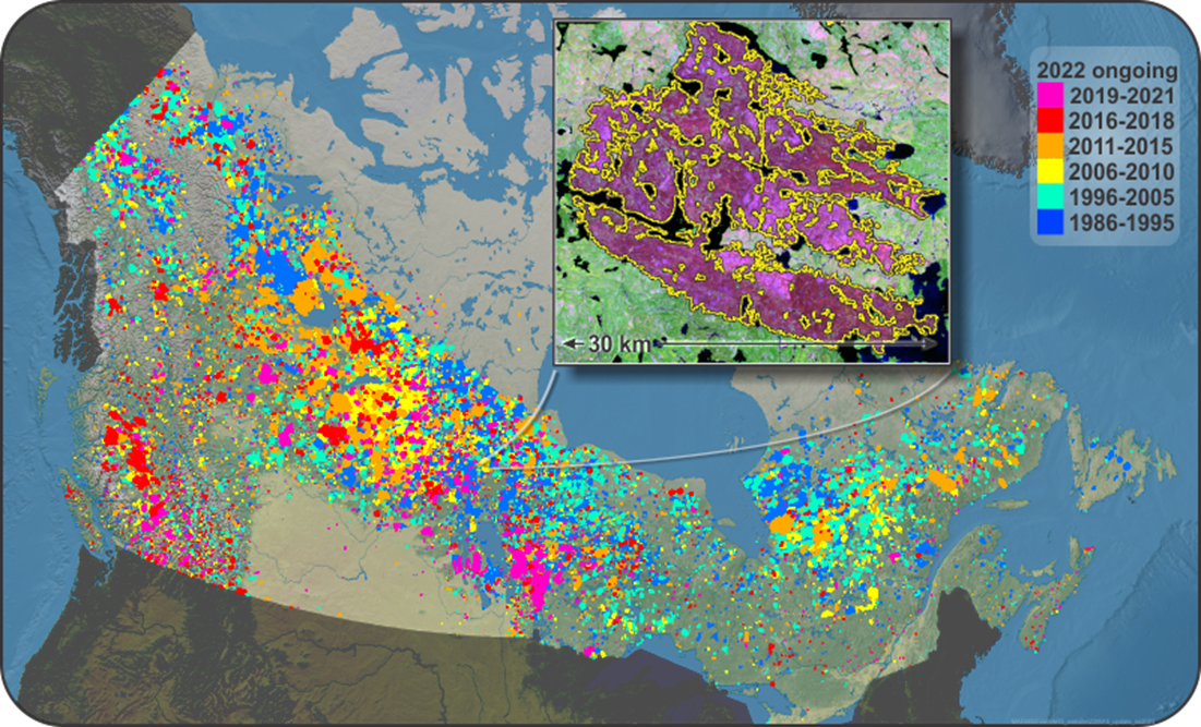 Burned areas mapped annually from the National Burned Area Composite since 1986.