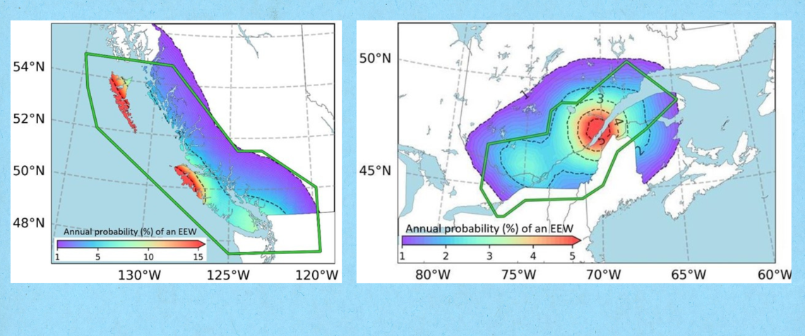 Two maps of Canada showing annual probability of an EEW shown via different colours, with the EEW coverage areas shown via green polygons.