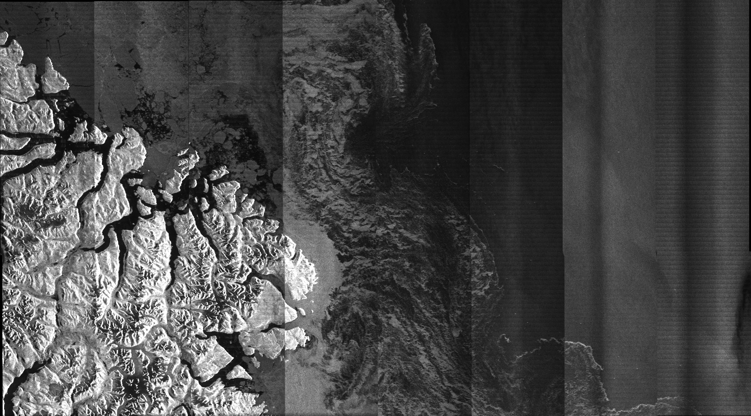 A recent RCM image of Baffin Island (the vertical bands indicate that the image still requires final processing). RADARSAT is an official trademark of the Canadian Space Agency (Copyright of the Government of Canada 2019 — All Rights Reserved). 