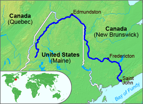 Map of Maine and New Brunswick showing where the Wolastoq-Saint John River flows