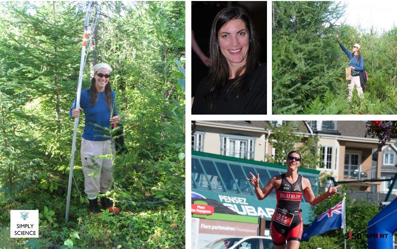 Compilation of four photos of Marie-Claude: working in a forest, a portrait and as a triathlete.