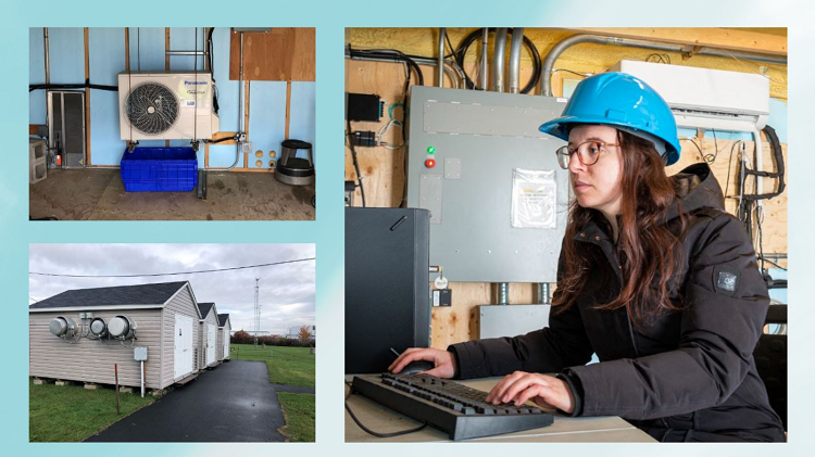 Compilation: Sarah working at laptop, exterior of test sheds, interior of test shed with heat pump