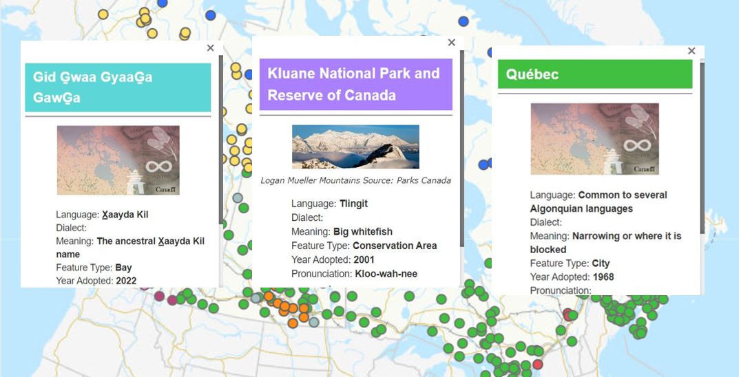 Three entries from the Indigenous Place Names map: Gid Gwaa GyaaGa GawGa, Kluane National Park and Reserve of Canada, Québec. 