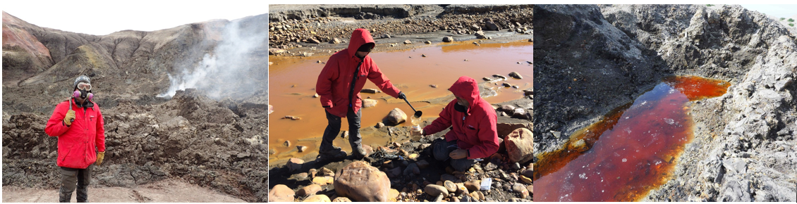 Steve wearing a gas mask, two scientists pouring a sample of acidic water into a glass container and a close up of a red pond.