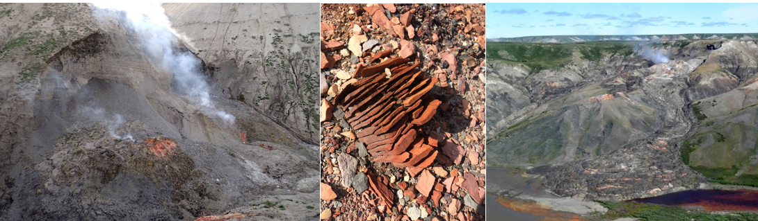 Two angles of burning, smouldering shale caused by slumping permafrost. One image of brittle shale after it has burned and cooled.