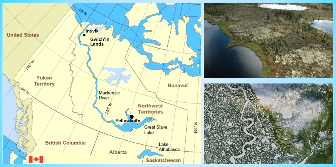 A map of the Mackenzie River in Northern Canada and a satellite image of the river’s delta.