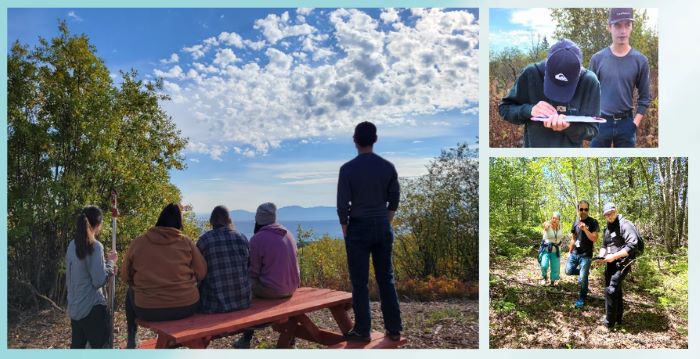 Three different images of groups of people in wooded areas.