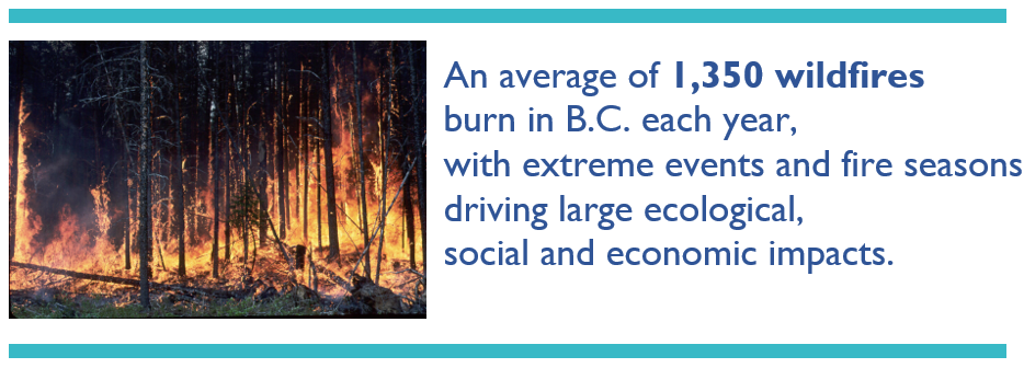 A forest in flames. Onscreen text: An average of 1,350 wildfires burn in B.C. each year, with extreme events and fire seasons driving large ecological social and economic impacts.