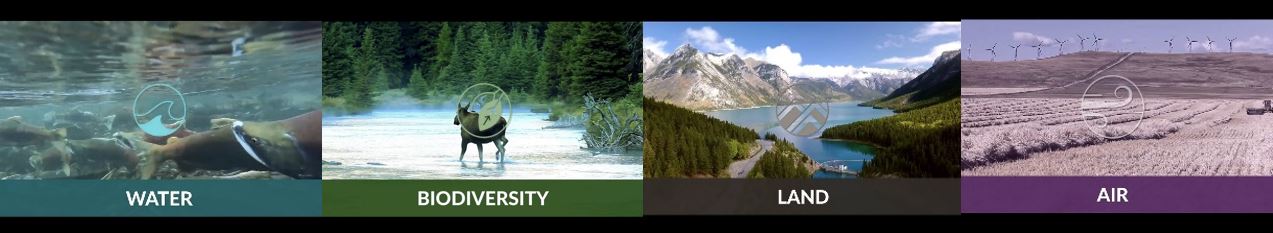 Compilation image of four different scenarios that can be impacted by cumulative effects. On screen text: water, biodiversity, land and air. 