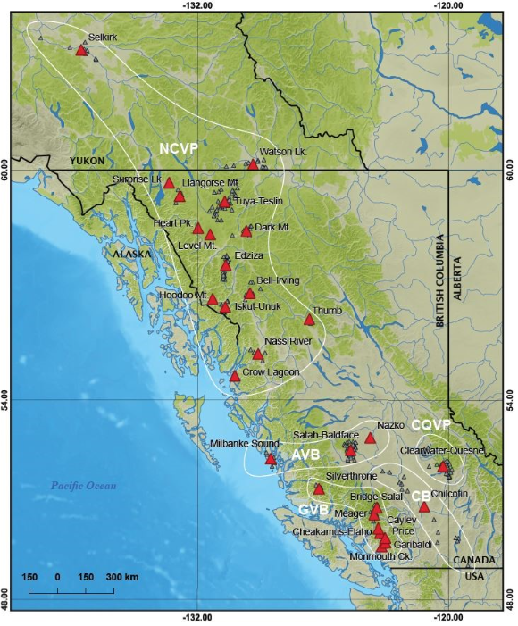 Map showing geological volcanic sites across Yukon and British Columbia with marked locations and latitude–longitude grid.