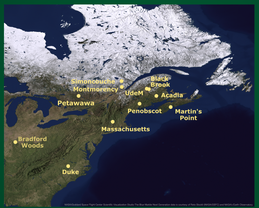 Map of eastern Canada and the United States showing the different sites where studies are being conducted in the wild.