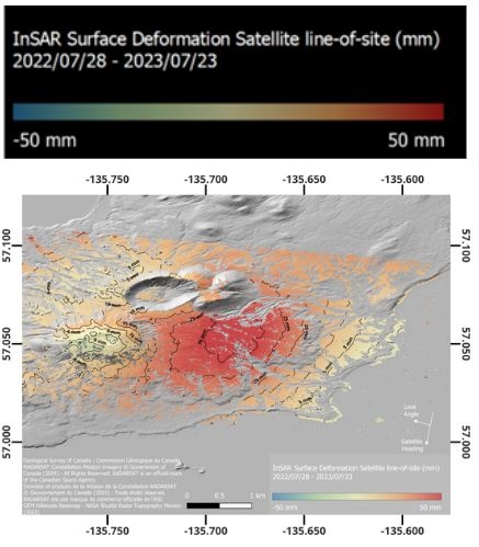 Map showing surface deformation at Mt. Edgecumbe from July 2022 to July 2023 with colour-coded areas indicating variations from -50 mm to +50 mm.