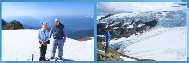 Two different images of people standing on the edge of a snowy mountain peak.
