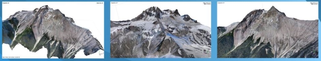 Collage featuring three 3D models of snow-covered mountains revealing the intricate details of the terrain.