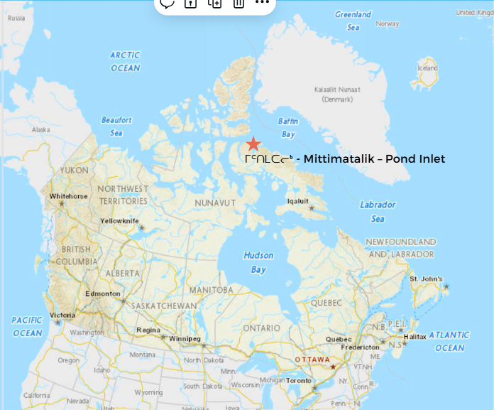 Map of Canada with Mittimatalik–Pond Inlet identified. Geo.ca