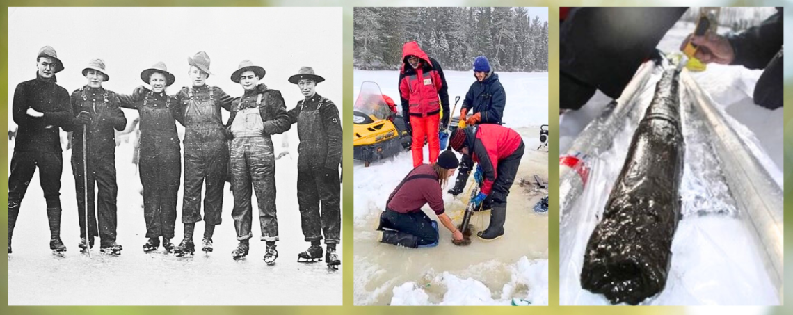 A group of six people ice skating, group of people drilling into the ice, a close up of sediment core.