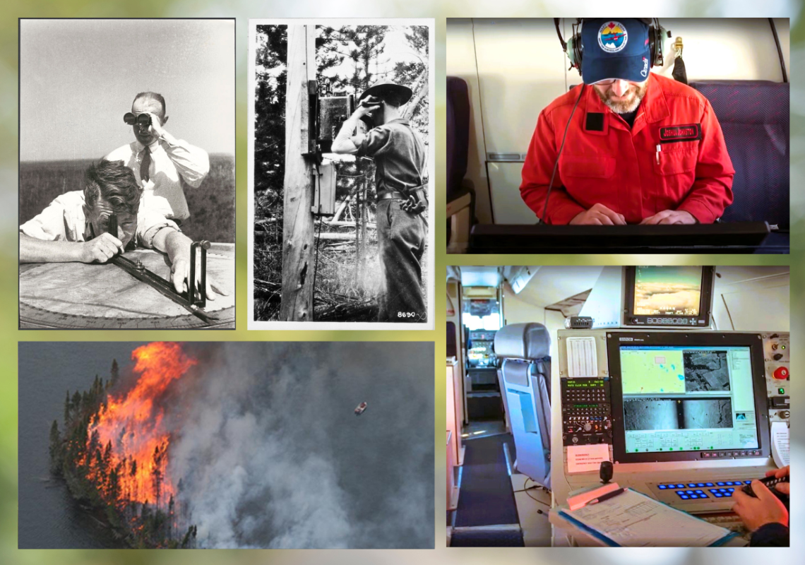 Two men in the 1930s with simple metal tracking devices, man on landline telephone in the woods, researcher in plane looking at image on computer screen.