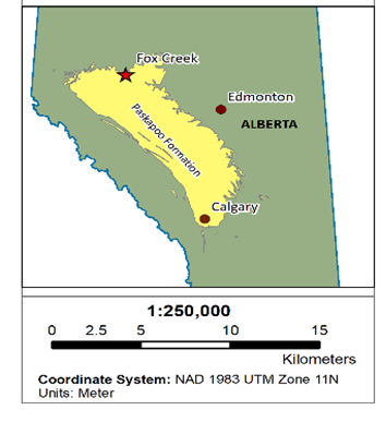 Map of Alberta with the Paskapoo Formation highlighted yellow, running from Fox Creek, northwest of Edmonton, down to Calgary. 