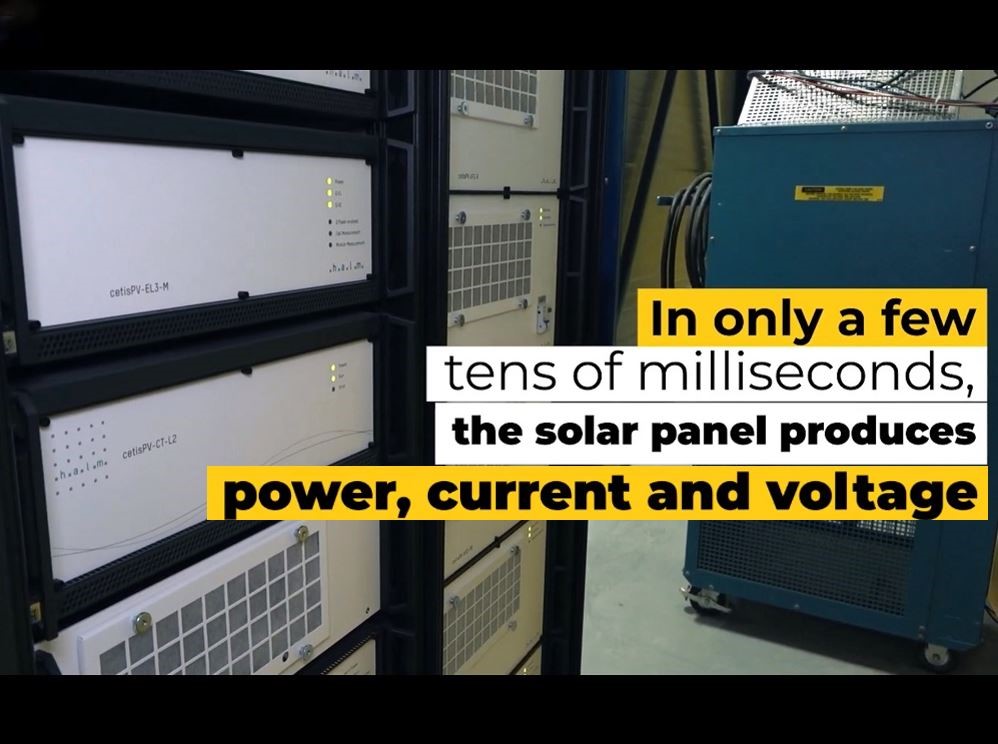 Stacked computer hard drives record information. On screen text: In only a few tens of milliseconds the solar panel produces power, current and voltage