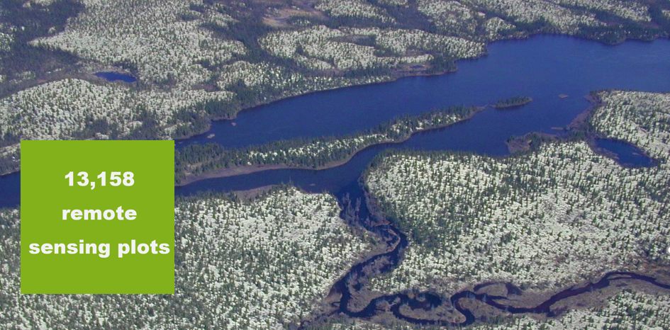 Aerial view of lightly forested area with lake and river. On screen text: 13,158 remote sensing plots.